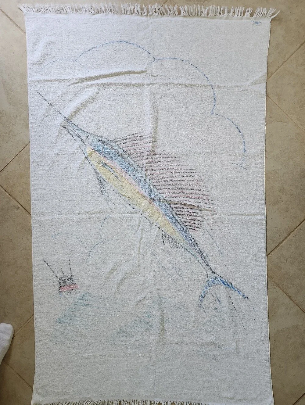 Lot of 2 Vtg Cannon Beach Towel w fringe Good Catch Sailfish graphic 60s 70s